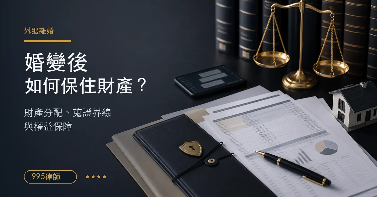外遇離婚財產保障法律諮詢情境，桌上有財產文件、手機訊息示意、房屋模型、保護資料夾與法律天平，說明財產分配與權益保障