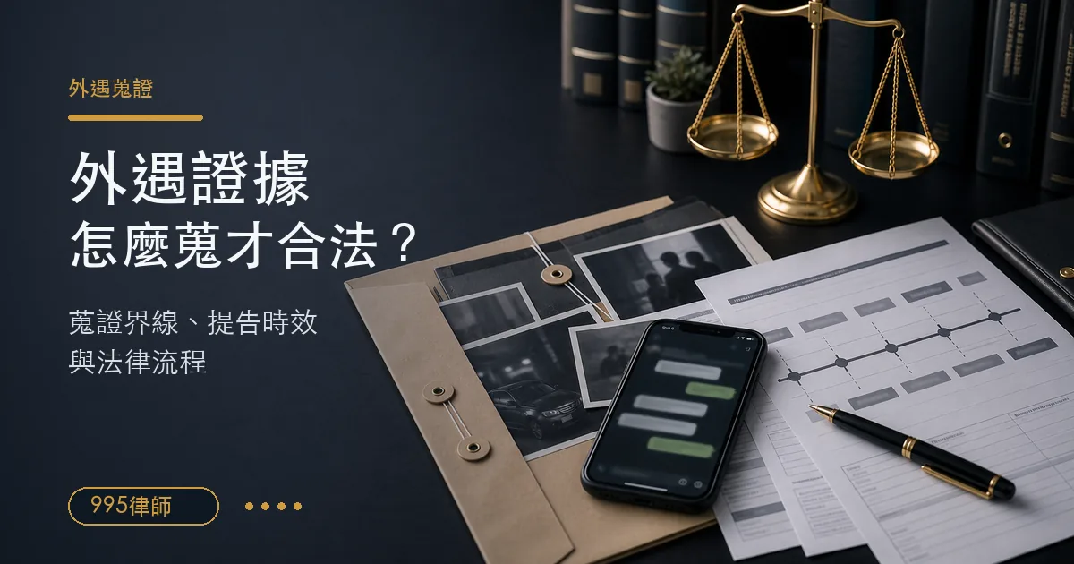 外遇蒐證法律諮詢情境,桌上有證據資料夾、手機訊息示意、照片與法律天平,說明合法蒐證界線、提告時效與法律流程