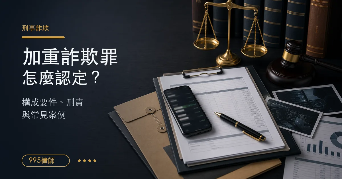 加重詐欺罪刑事辯護情境，桌上有詐欺案件卷宗、手機交易示意、金流資料與法律天平，說明構成要件、刑責與常見案例
