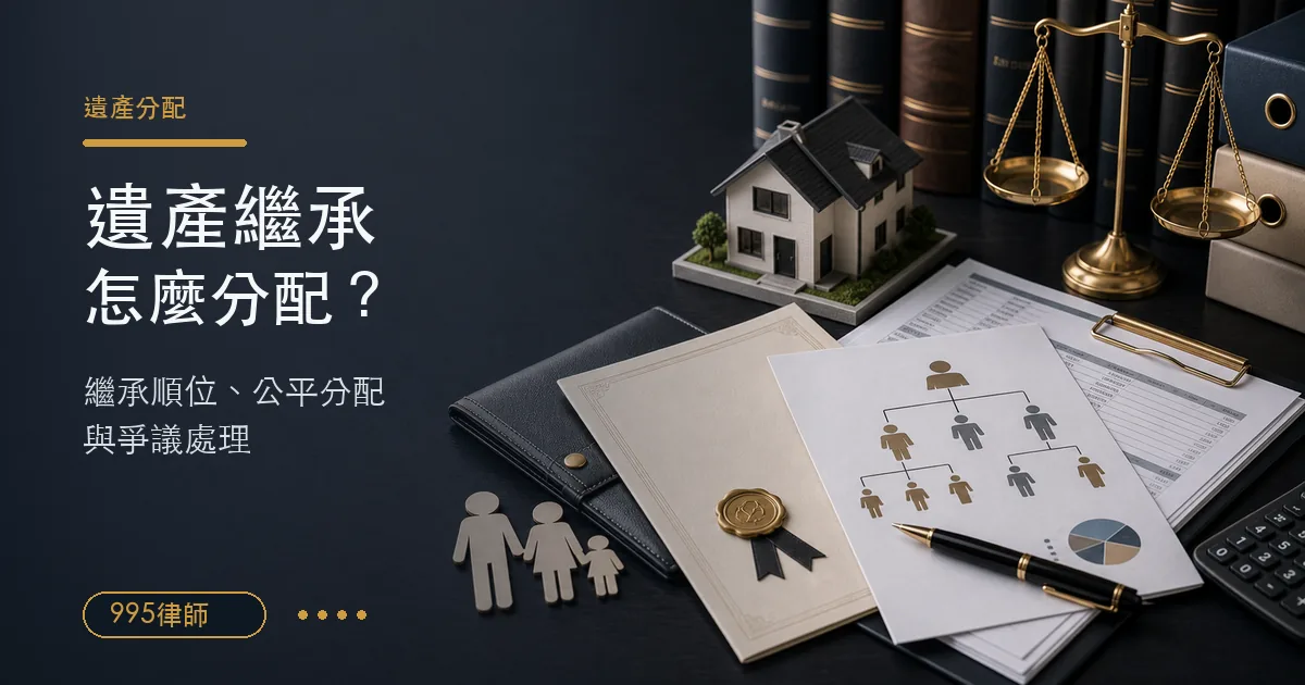 遺產繼承分配法律諮詢情境，桌上有家族樹圖、資產文件、房屋模型與法律天平，說明繼承順位、公平分配與爭議處理