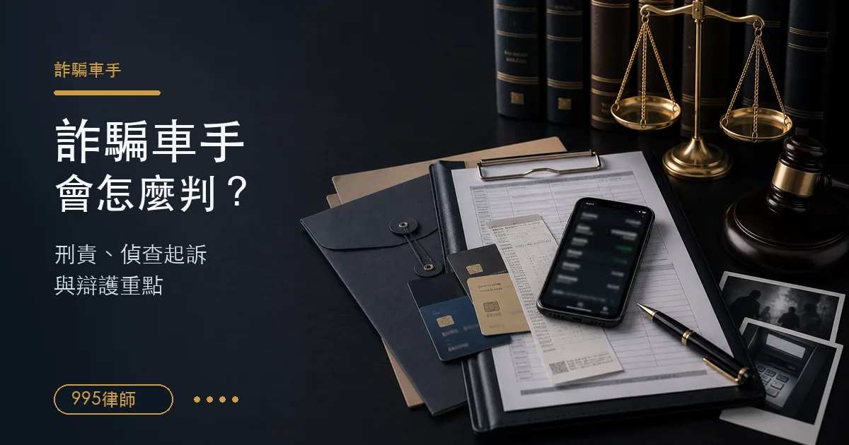 詐騙車手刑事辯護情境，桌上有案件卷宗、金融卡、ATM單據、手機轉帳示意與法律天平，說明刑責、偵查起訴與辯護重點