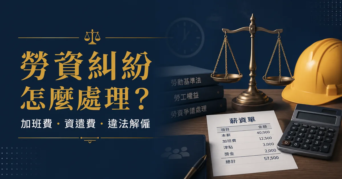 勞資糾紛處理情境，薪資單與法律天平，說明加班費、資遣費與違法解僱求償