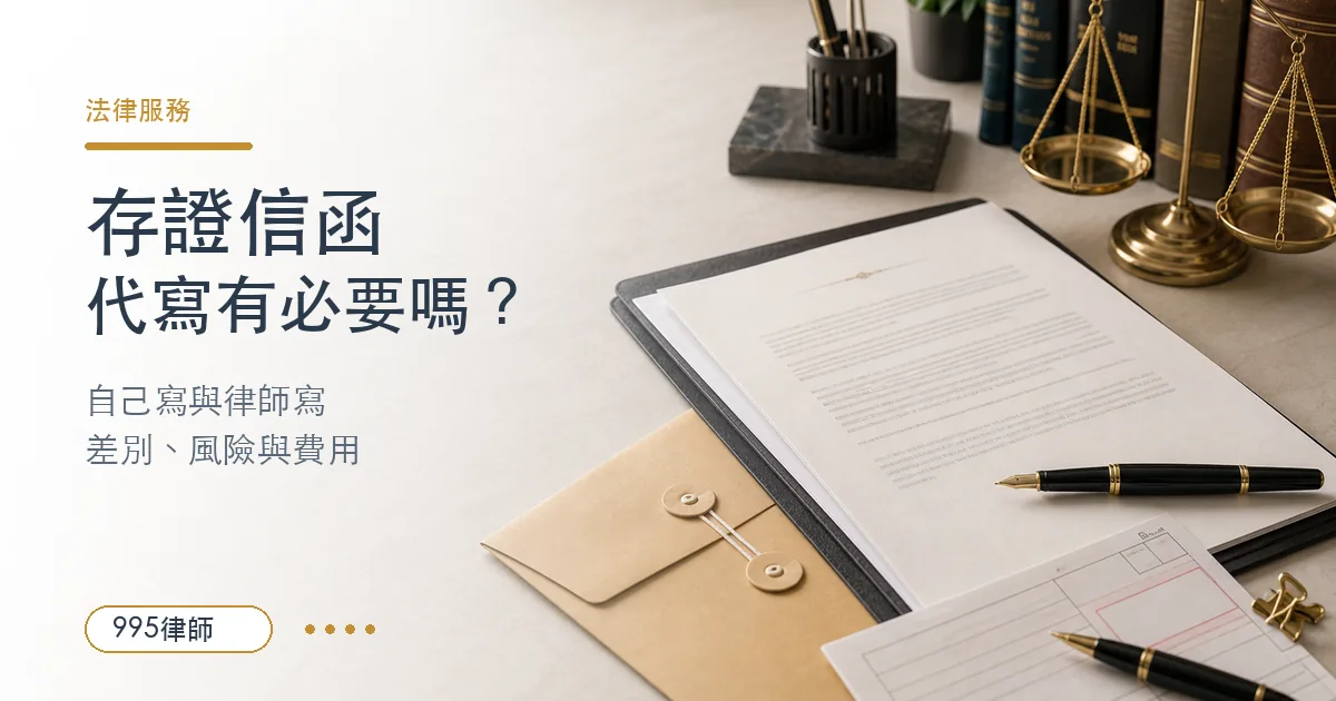 存證信函代寫法律諮詢情境,桌上有正式信函、信封、郵寄單據與法律天平,說明自己寫與律師代寫的差別、風險與費用