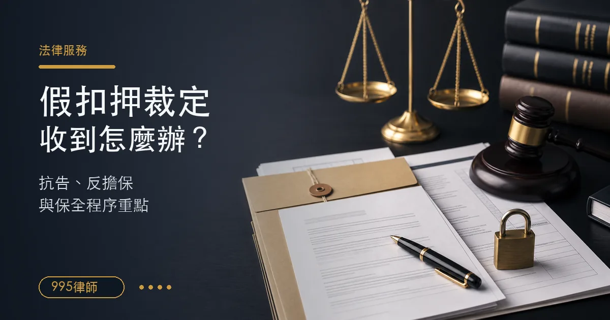 假扣押裁定法律諮詢情境,桌上有法院裁定文件、資料夾、鎖頭、法槌與法律天平,說明抗告、反擔保與保全程序