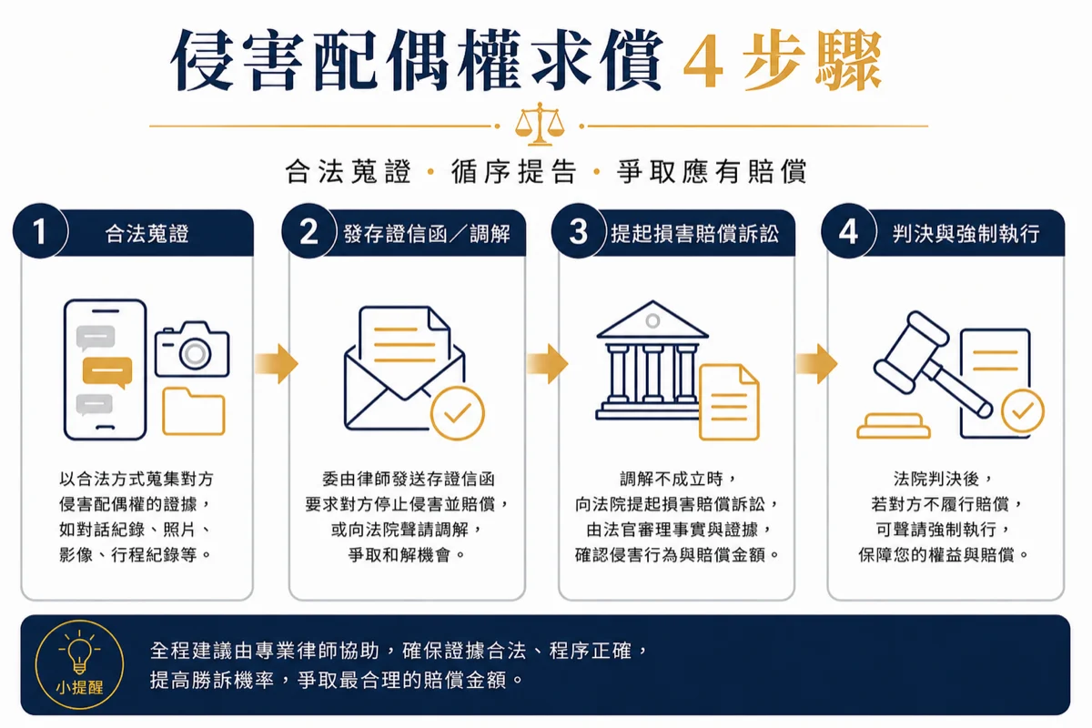 侵害配偶權求償流程四步驟：合法蒐證、發函調解、提告求償、判決執行