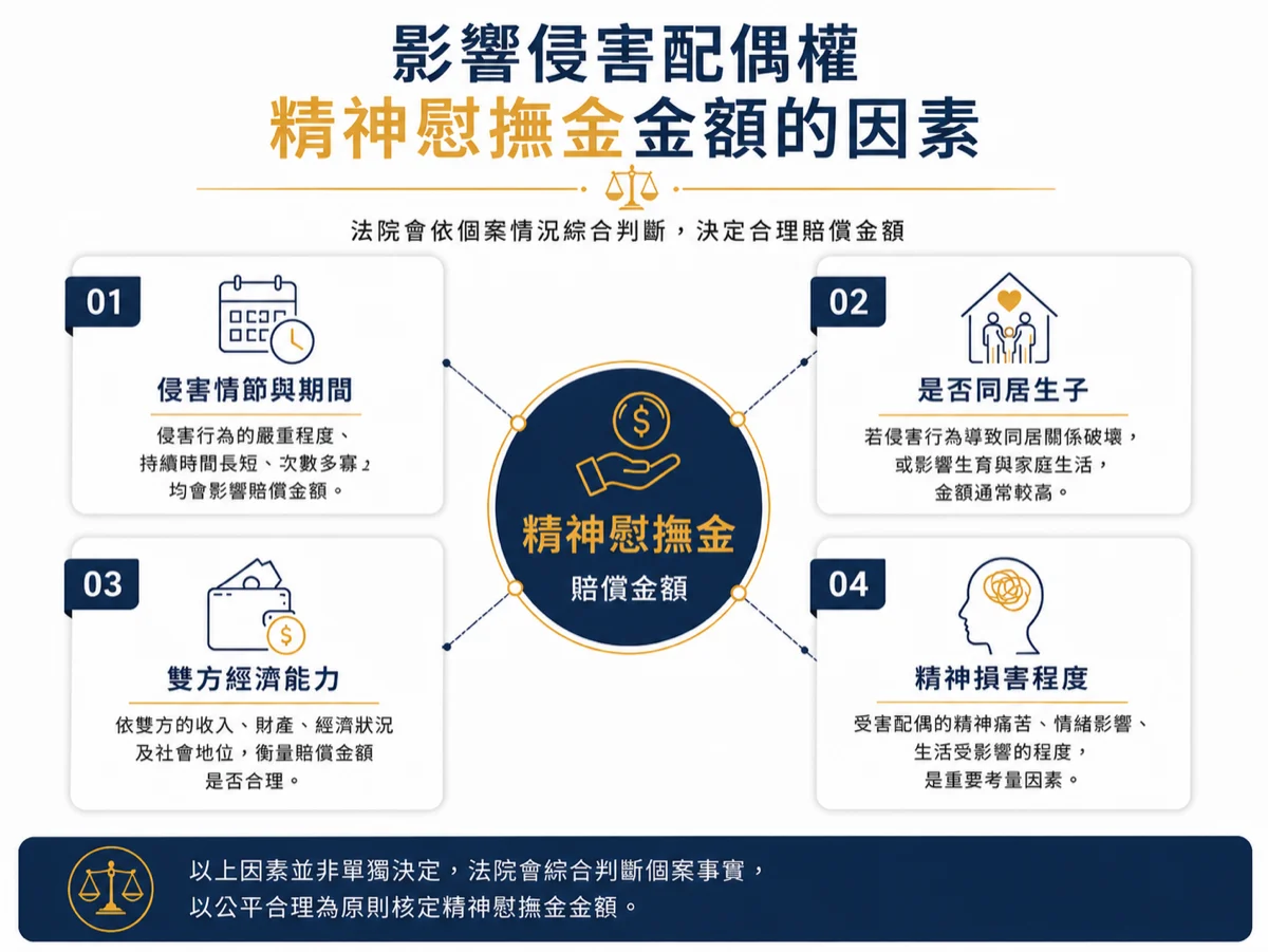 影響侵害配偶權精神慰撫金金額的因素：侵害情節、是否同居生子、雙方經濟能力、精神損害程度
